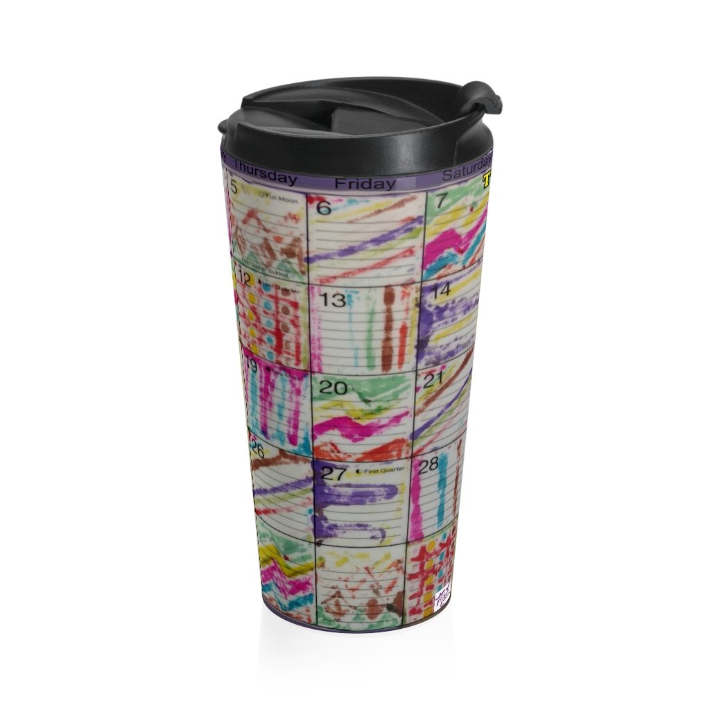 Stainless Steel Travel Mug: Psychedelic Calendar(tm) - Seeped - No Text - MiE Designs Shop. 7 multicolor alternating mazes contrasted throughout calendar days. Middle view