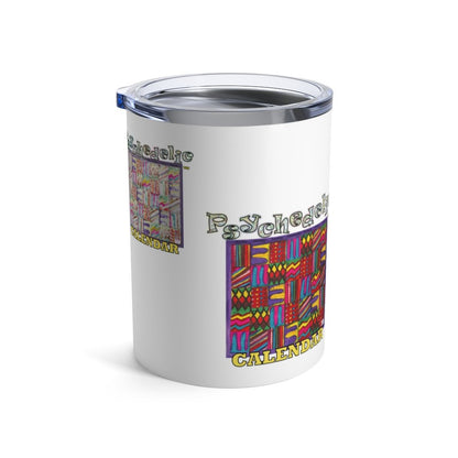 Tumbler 10oz: Psychedelic Calendar(tm) - Four Prints - Dark Colors Large - MiE Designs Shop. Surrounded by attractive bands of bright white, multicolor patterns alternated throughout a monthly calendar form dark and pastel complemtary mazes. Two prints each dark colors (larger) and pastels (smaller).