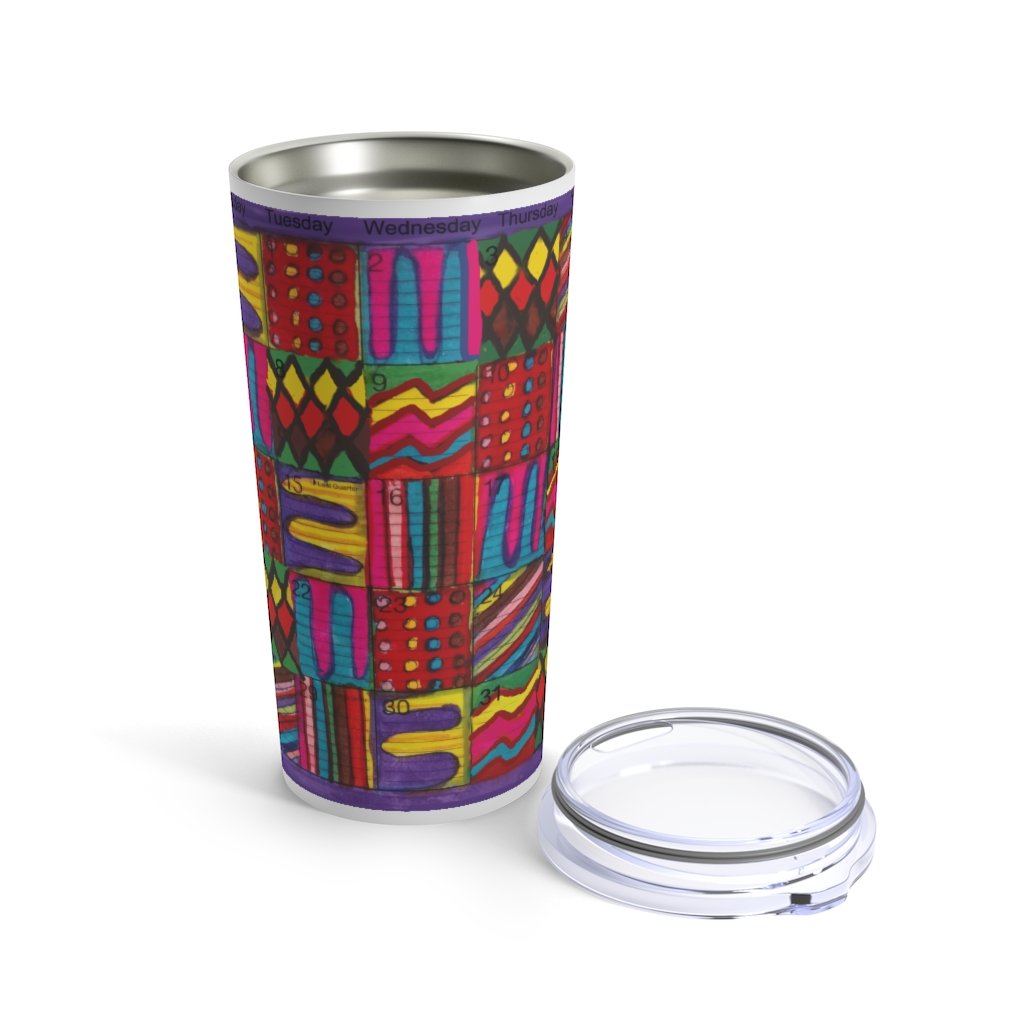 Tumbler 20oz::  "Psychedelic Calendar(tm)" - Vibrant - No Text - MiE Designs Shop. Contrasted, alternating mazes inside days, one calendar image, centered white bar.