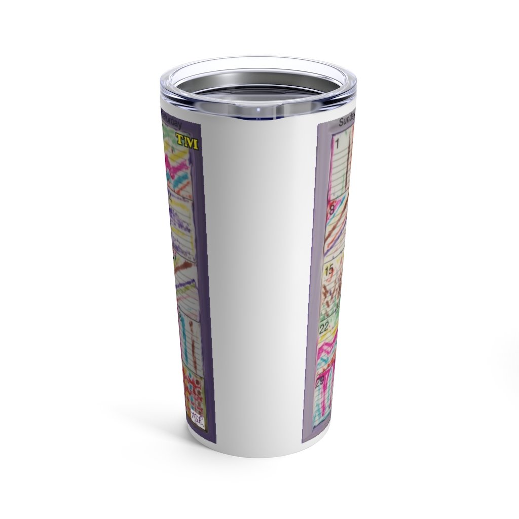 Tumbler 20oz:: "Psychedelic Calendar(tm)" - Seeped - No Text - MiE Designs Shop. Contrasted, alternating mazes inside days, one calendar image, centered white bar.