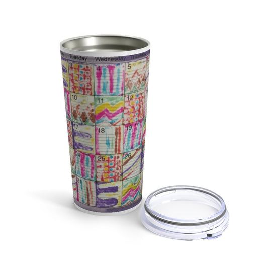 Tumbler 20oz:: "Psychedelic Calendar(tm)" - Seeped - No Text - MiE Designs Shop. Contrasted, alternating mazes inside days, one calendar image, centered white bar.