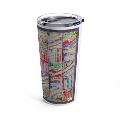 Tumbler 20oz:: "Psychedelic Calendar(tm)" - Seeped - No Text - MiE Designs Shop. Contrasted, alternating mazes inside days, one calendar image, centered white bar.