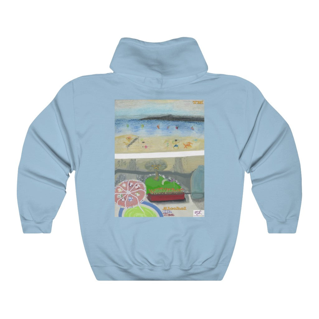 Unisex Heavy Blendtm Hooded Sweatshirt: Alcohol Oh Yea(tm) - MiE Designs Shop. Unseen drinker on balcony views putting green and beach below. Light blue.