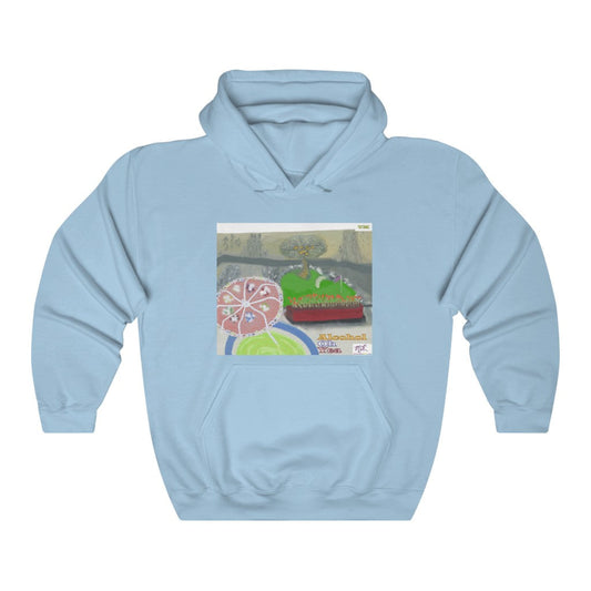Unisex Heavy Blendtm Hooded Sweatshirt: Alcohol Oh Yea(tm) - MiE Designs Shop. Unseen drinker on balcony views putting green and beach below. Light blue.