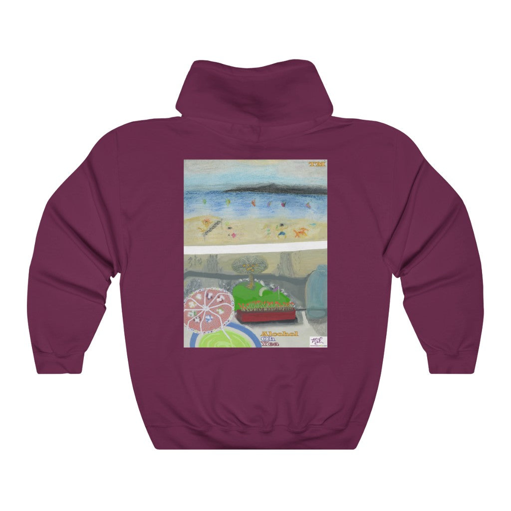 Unisex Heavy Blendtm Hooded Sweatshirt: Alcohol Oh Yea(tm) - MiE Designs Shop. Unseen drinker on balcony views putting green and beach below. Maroon