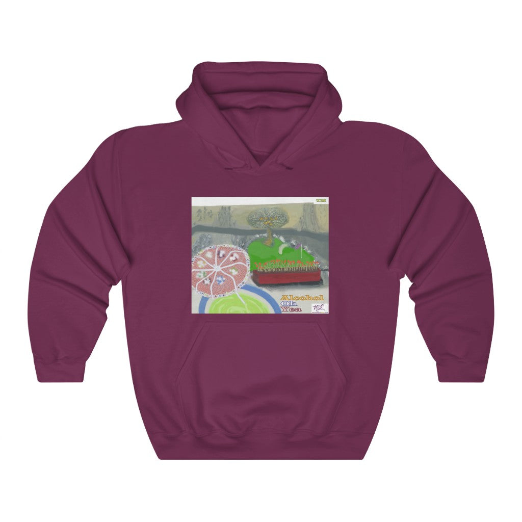 Unisex Heavy Blendtm Hooded Sweatshirt: Alcohol Oh Yea(tm) - MiE Designs Shop. Unseen drinker on balcony views putting green and beach below. Maroon