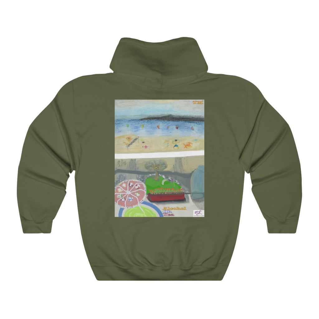 Unisex Heavy Blendtm Hooded Sweatshirt: Alcohol Oh Yea(tm) - MiE Designs Shop. Unseen drinker on balcony views putting green and beach below. Military Green