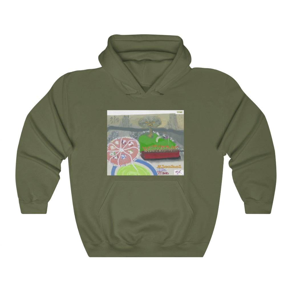 Unisex Heavy Blendtm Hooded Sweatshirt: Alcohol Oh Yea(tm) - MiE Designs Shop. Unseen drinker on balcony views putting green and beach below. Military Green