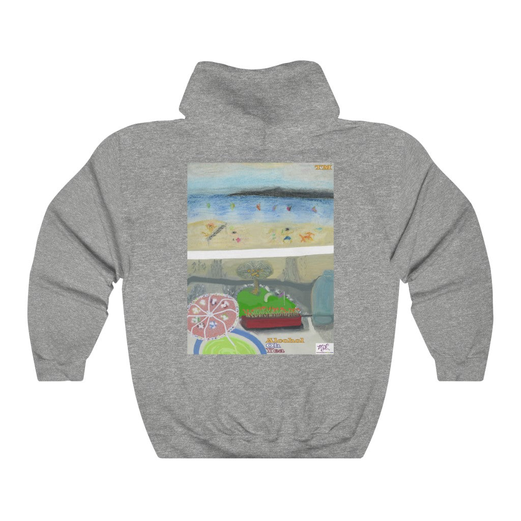 Unisex Heavy Blendtm Hooded Sweatshirt: Alcohol Oh Yea(tm) - MiE Designs Shop. Unseen drinker on balcony views putting green and beach below. Gray