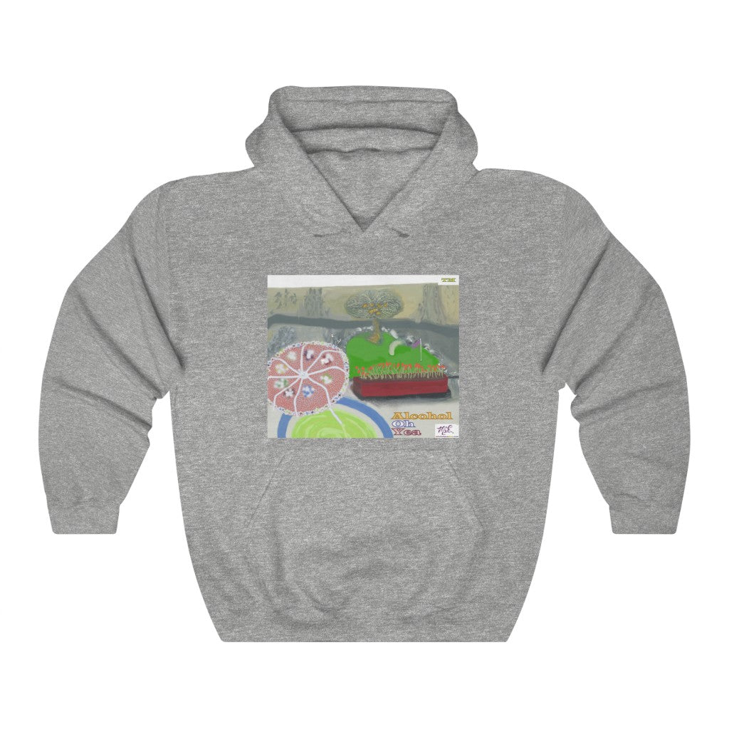 Unisex Heavy Blendtm Hooded Sweatshirt: Alcohol Oh Yea(tm) - MiE Designs Shop. Unseen drinker on balcony views putting green and beach below. Gray