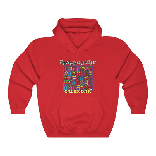 Unisex Heavy Blend™ Hooded Sweatshirt: “Psychedelic Calendar(tm)” – Dark/Vibrant. 7 intense patterns alternate in days of month. Red pullover