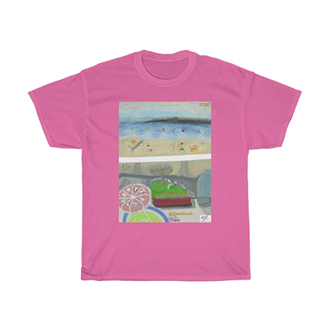 Unisex Heavy Cotton Tee: Alcohol Oh Yea(tm) - Beach Scene - Balcony View. Unseen drinker holds a margarita or daquiri with umbrella, gazing upon the golf practice tee below and windswept beach a short distance away. Shirt color is Azalea.