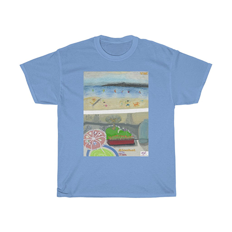 Unisex Heavy Cotton Tee: Alcohol Oh Yea(tm) - Beach Scene - Balcony View. Unseen drinker holds a margarita or daquiri with umbrella, gazing upon the golf practice tee below and windswept beach a short distance away. Shirt color is Carolina Blue.