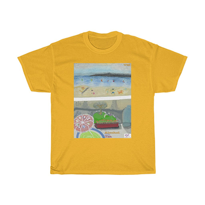 Unisex Heavy Cotton Tee: Alcohol Oh Yea(tm) - Beach Scene - Balcony View. Unseen drinker holds a margarita or daquiri with umbrella, gazing upon the golf practice tee below and windswept beach a short distance away. Shirt color is Daffodil yellow.