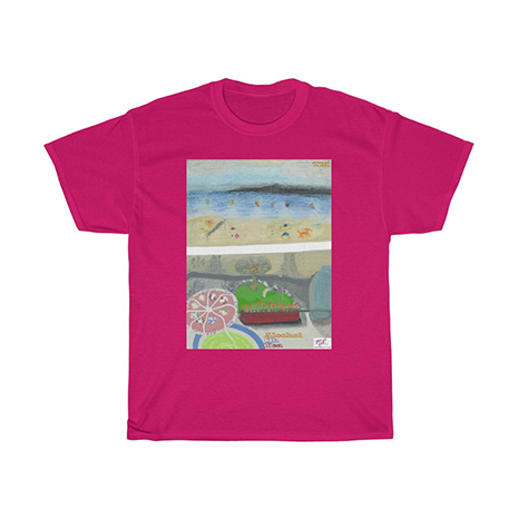 Unisex Heavy Cotton Tee: Alcohol Oh Yea(tm) - Beach Scene - Balcony View. Unseen drinker holds a margarita or daquiri with umbrella, gazing upon the golf practice tee below and windswept beach a short distance away. Shirt color is Heliconia.