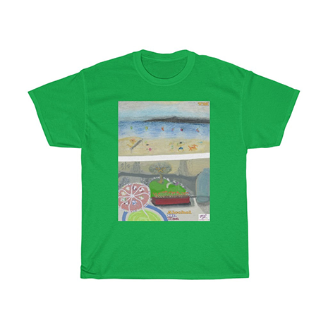 Unisex Heavy Cotton Tee: Alcohol Oh Yea(tm) - Beach Scene - Balcony View. Unseen drinker holds a margarita or daquiri with umbrella, gazing upon the golf practice tee below and windswept beach a short distance away. Shirt color is Irish Green.