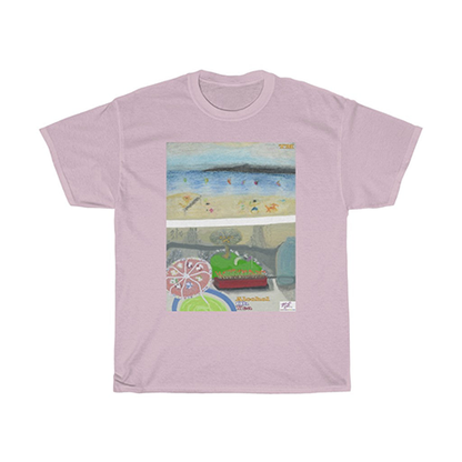 Unisex Heavy Cotton Tee: Alcohol Oh Yea(tm) - Beach Scene - Balcony View. Unseen drinker holds a margarita or daquiri with umbrella, gazing upon the golf practice tee below and windswept beach a short distance away. Shirt color is Light Pink.