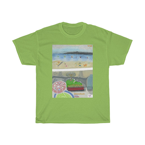 Unisex Heavy Cotton Tee: Alcohol Oh Yea(tm) - Beach Scene - Balcony View. Unseen drinker holds a margarita or daquiri with umbrella, gazing upon the golf practice tee below and windswept beach a short distance away. Shirt color is Lime.