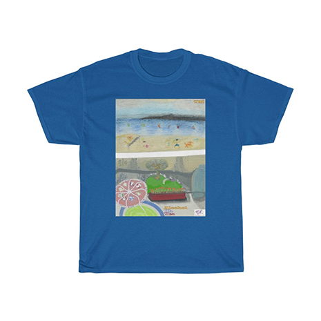 Unisex Heavy Cotton Tee: Alcohol Oh Yea(tm) - Beach Scene - Balcony View. Unseen drinker holds a margarita or daquiri with umbrella, gazing upon the golf practice tee below and windswept beach a short distance away. Shirt color is Royal.
