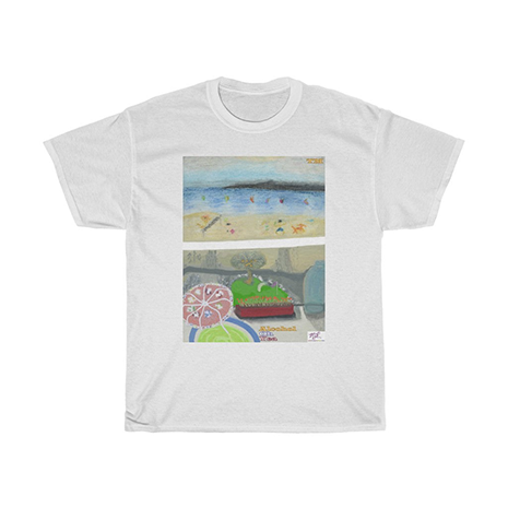 Unisex Heavy Cotton Tee: Alcohol Oh Yea(tm) - Beach Scene - Balcony View. Unseen drinker holds a margarita or daquiri with umbrella, gazing upon the golf practice tee below and windswept beach a short distance away. Shirt color is White.