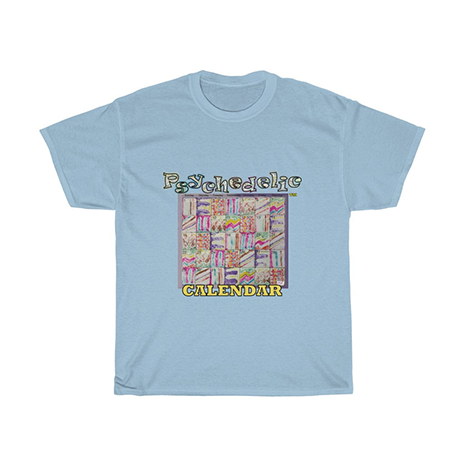 Unisex Heavy Cotton Tee: Psychedelic Calendar(tm) - Pastels. A monthly calendar of days containing alternating pastel mazes has "Psychedelic" in glittery letters, "CALENDAR" in block text below. T-shirt color is light blue.