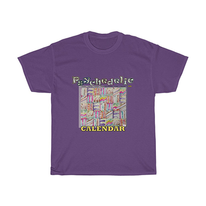 Unisex Heavy Cotton Tee: Psychedelic Calendar(tm) - Pastels. A monthly calendar of days containing alternating pastel mazes has "Psychedelic" in glittery letters, "CALENDAR" in block text below. T-shirt color is purple.