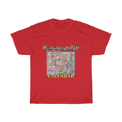 Unisex Heavy Cotton Tee: Psychedelic Calendar(tm) - Pastels. A monthly calendar of days containing alternating pastel mazes has "Psychedelic" in glittery letters, "CALENDAR" in block text below. T-shirt color is red.