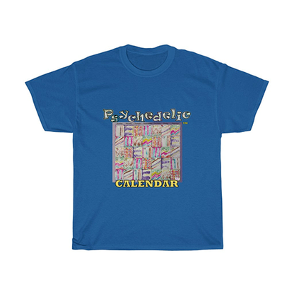 Unisex Heavy Cotton Tee: Psychedelic Calendar(tm) - Pastels. A monthly calendar of days containing alternating pastel mazes has "Psychedelic" in glittery letters, "CALENDAR" in block text below. T-shirt color is Royal.