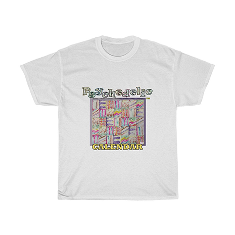 Unisex Heavy Cotton Tee: Psychedelic Calendar(tm) - Pastels. A monthly calendar of days containing alternating pastel mazes has "Psychedelic" in glittery letters, "CALENDAR" in block text below. T-shirt color is White.