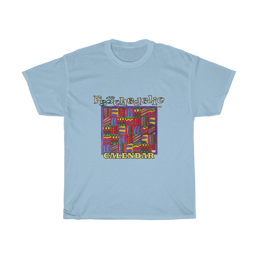 Unisex Heavy Cotton Tee: Psychedelic Calendar(tm) - Dark Colors - MiE Designs Shop. 7 patterns alternate in days of month, Glittering/wavy letters and block text. Light Blue