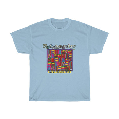 Unisex Heavy Cotton Tee: Psychedelic Calendar(tm) - Dark Colors - MiE Designs Shop. 7 patterns alternate in days of month, Glittering/wavy letters and block text. Light Blue