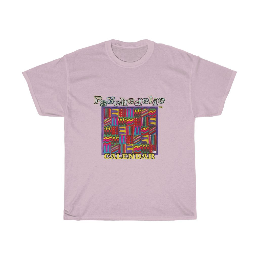 Unisex Heavy Cotton Tee: Psychedelic Calendar(tm) - Dark Colors - MiE Designs Shop. 7 patterns alternate in days of month, Glittering/wavy letters and block text. Light Pink