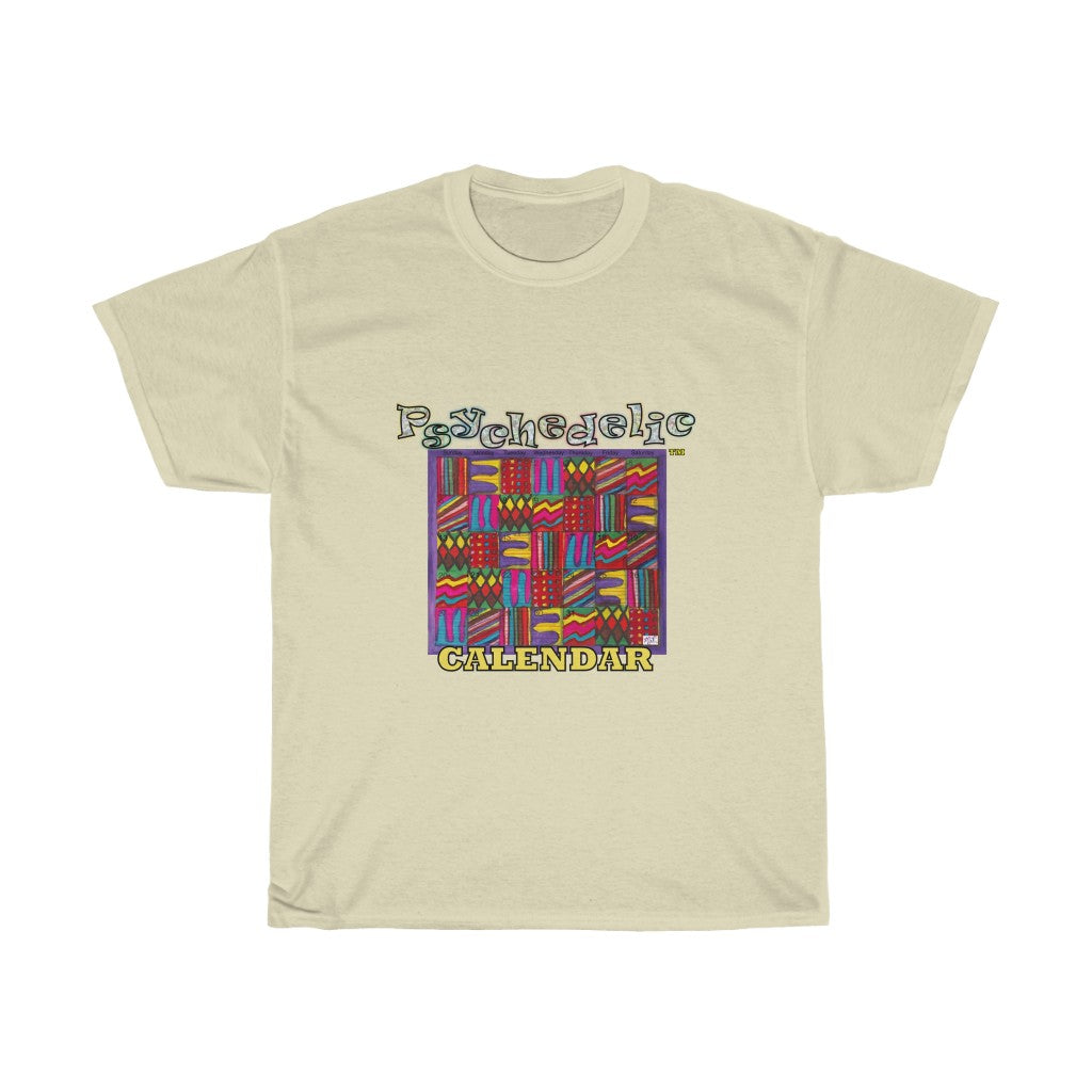 Unisex Heavy Cotton Tee: Psychedelic Calendar(tm) - Dark Colors - MiE Designs Shop. 7 patterns alternate in days of month, Glittering/wavy letters and block text. Natural