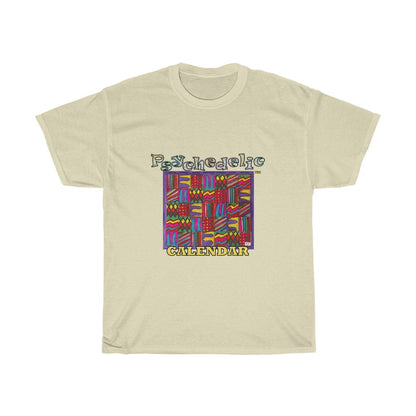 Unisex Heavy Cotton Tee: Psychedelic Calendar(tm) - Dark Colors - MiE Designs Shop. 7 patterns alternate in days of month, Glittering/wavy letters and block text. Natural