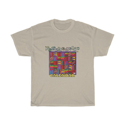 Unisex Heavy Cotton Tee: Psychedelic Calendar(tm) - Dark Colors - MiE Designs Shop. 7 patterns alternate in days of month, Glittering/wavy letters and block text. Sand