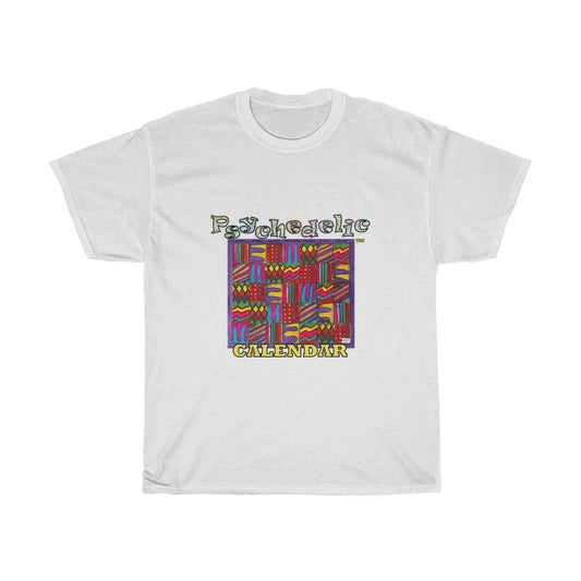 Unisex Heavy Cotton Tee: Psychedelic Calendar(tm) - Dark Colors - MiE Designs Shop. 7 patterns alternate in days of month, Glittering/wavy letters and block text. White tee