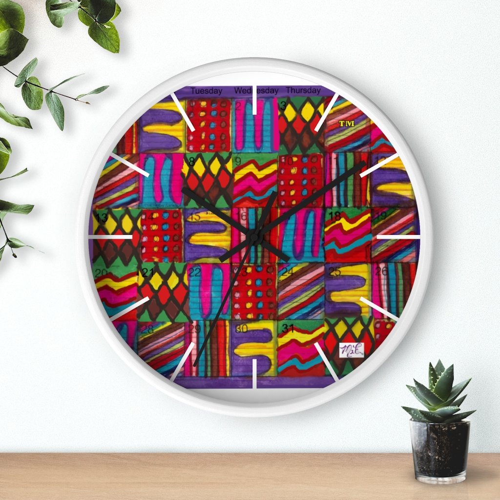 Wall Clock 10 inch: Psychedelic Calendar(tm) - Vibrant - White Frame/Markers, Black Hands - MiE Designs Shop. Days of a monthly calendar alternate 7 bright color drawings.