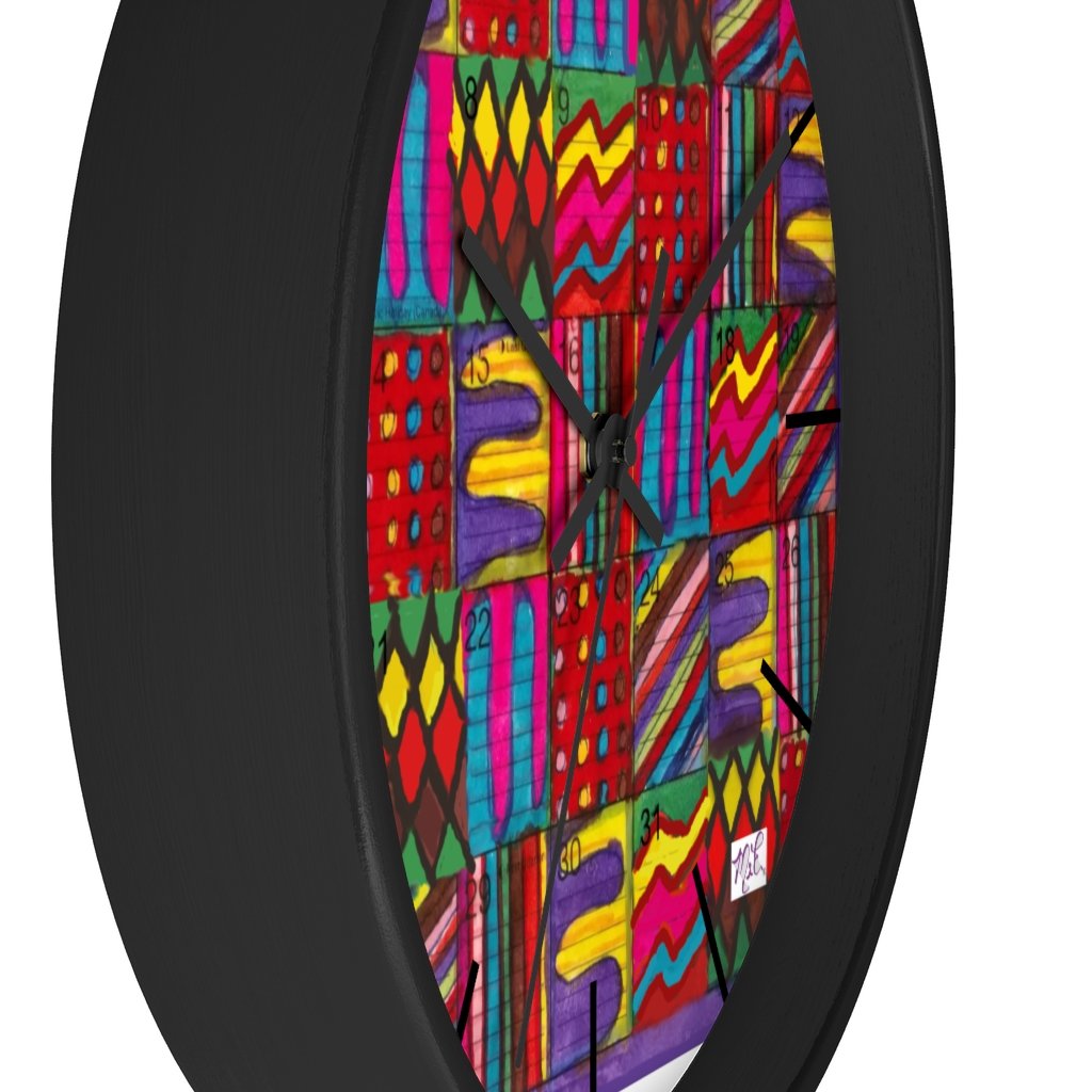 Wall Clock 10 inch: Psychedelic Calendar(tm) - Vibrant - Black Frame/Hands/Markers - MiE Designs Shop. Days of a monthly calendar alternate 7 bright saturated color drawings.