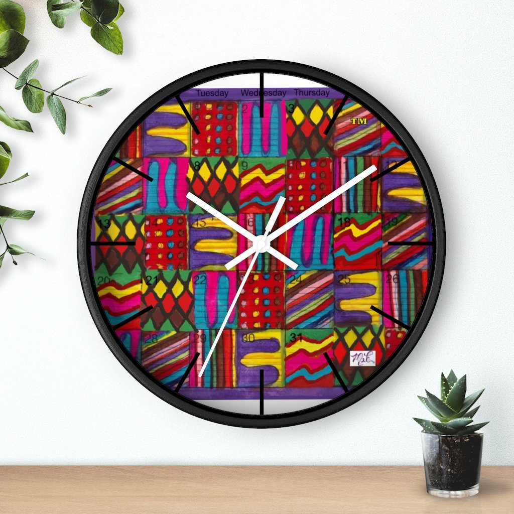 Wall Clock 10 inch: Psychedelic Calendar(tm) - Vibrant - Black Frame/Markers, White Hands - MiE Designs Shop. Days of a monthly calendar alternate 7 bright color drawings.