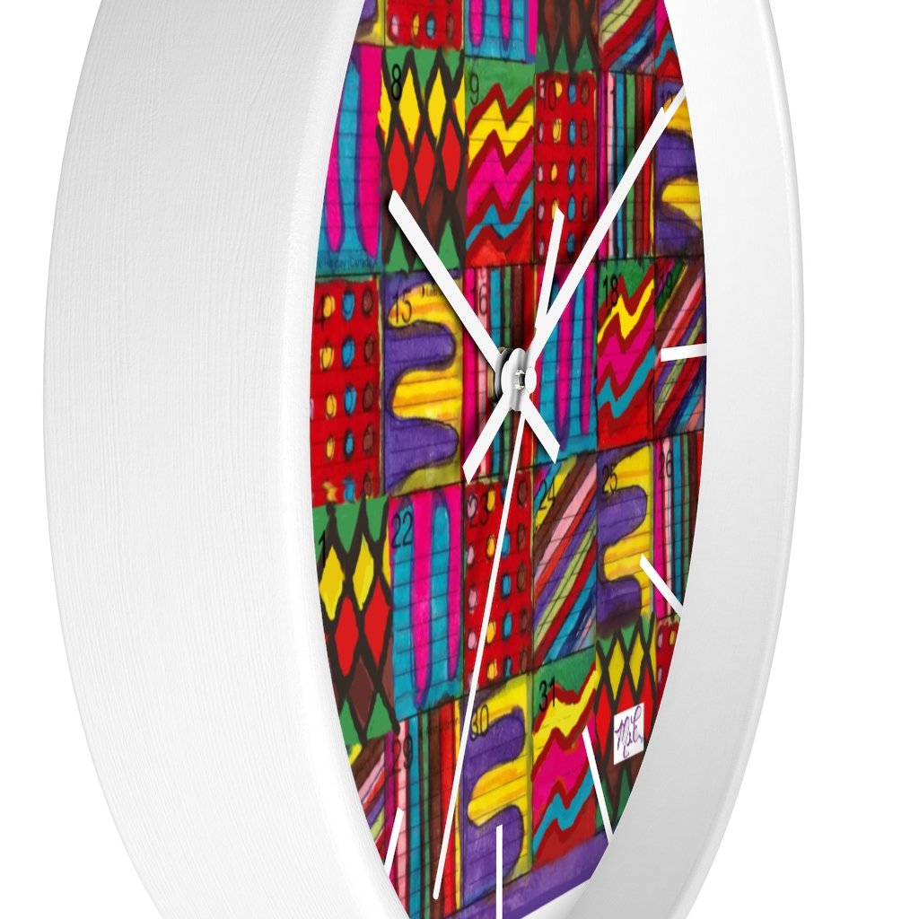 Wall Clock 10 inch: Psychedelic Calendar(tm) - Vibrant - White Frame/Hands/Markers - MiE Designs Shop. Days of a monthly calendar alternate 7 bright saturated color drawings.