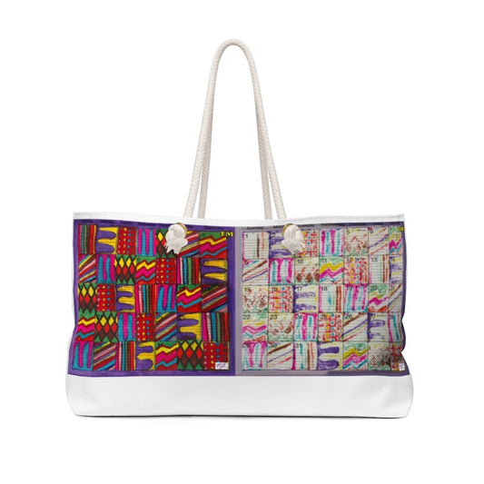 Weekender Bag:  Psychedelic Calendars(tm) - Vibrant/Spring - MiE Designs Shop. Dark on left, light on right, colors in each calendar day are warm and bright alternating patterns.