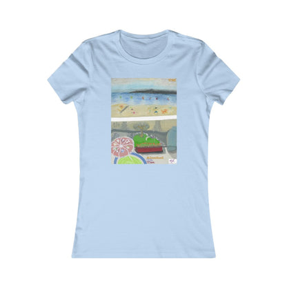 Womens Favorite Tee: Alcohol Oh Yea(tm) - MiE Designs Shop. Unseen drinker on balcony views putting green and beach below. Light blue tee.