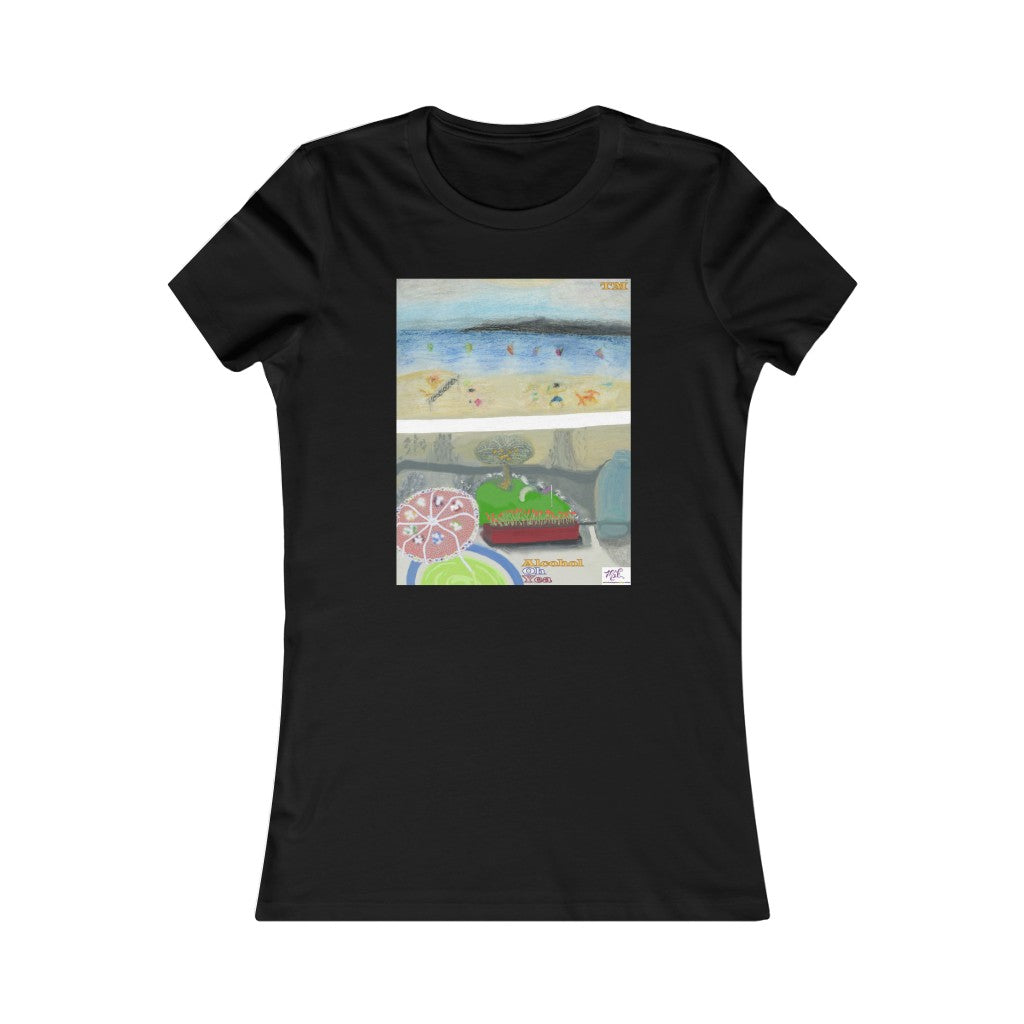 Womens Favorite Tee: Alcohol Oh Yea(tm) - MiE Designs Shop. Unseen drinker on balcony views putting green and beach below. Black tee.