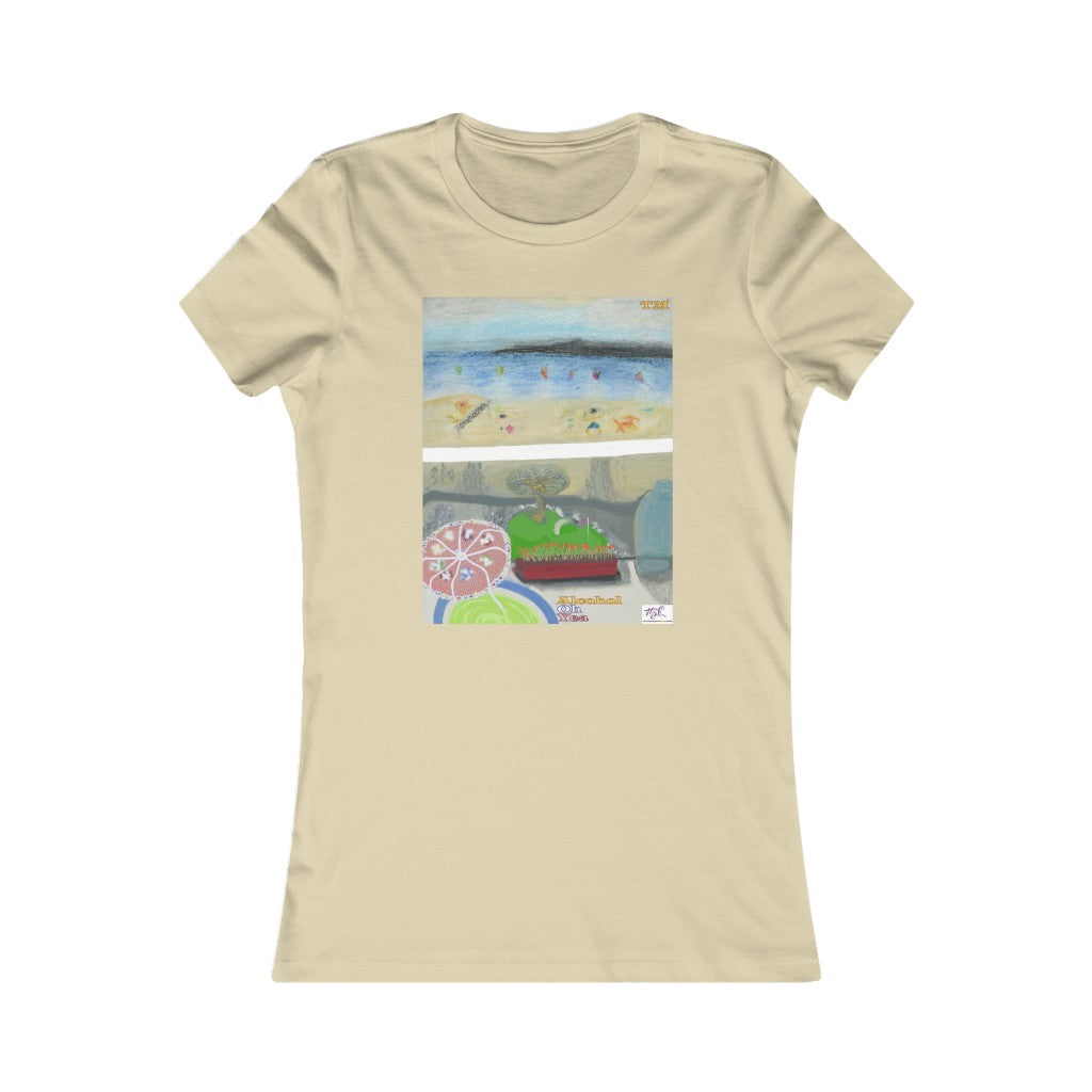 Womens Favorite Tee: Alcohol Oh Yea(tm) - MiE Designs Shop. Unseen drinker on balcony views putting green and beach below. Light cream tee.