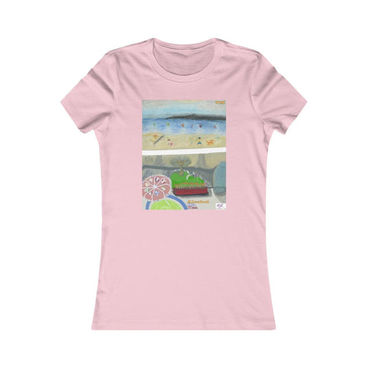 Womens Favorite Tee: Alcohol Oh Yea(tm) - MiE Designs Shop. Unseen drinker on balcony views putting green and beach below. Light pink tee.