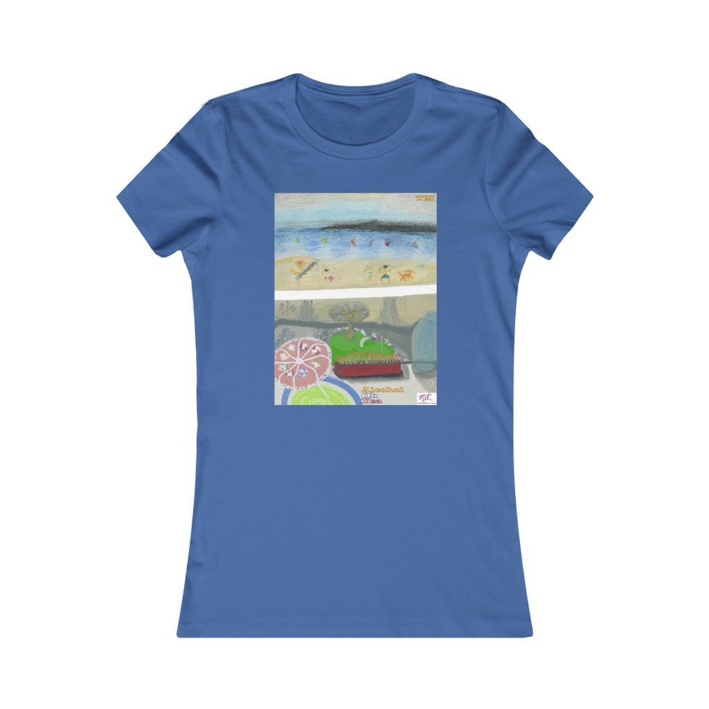 Womens Favorite Tee: Alcohol Oh Yea(tm) - MiE Designs Shop. Unseen drinker on balcony views putting green and beach below. Royal blue tee.