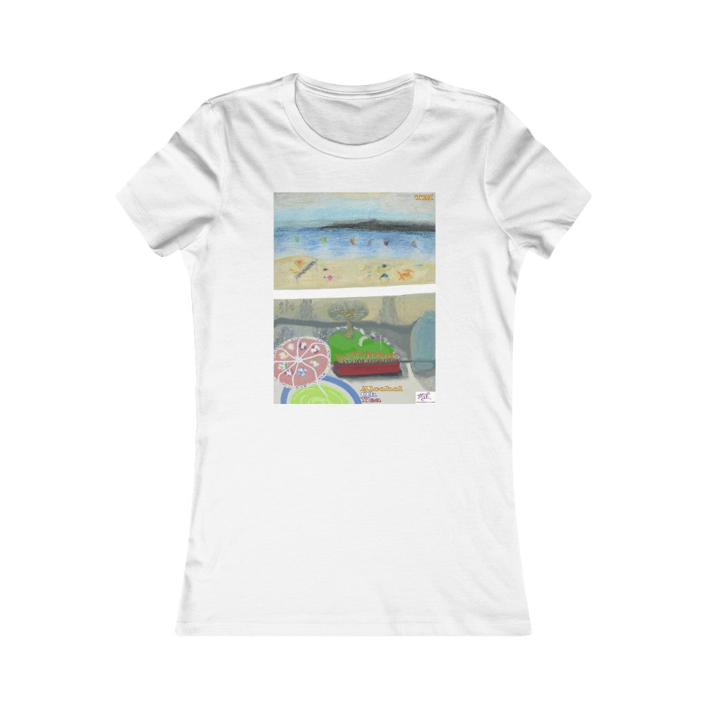 Womens Favorite Tee: Alcohol Oh Yea(tm) - MiE Designs Shop. Unseen drinker on balcony views putting green and beach below. White tee.