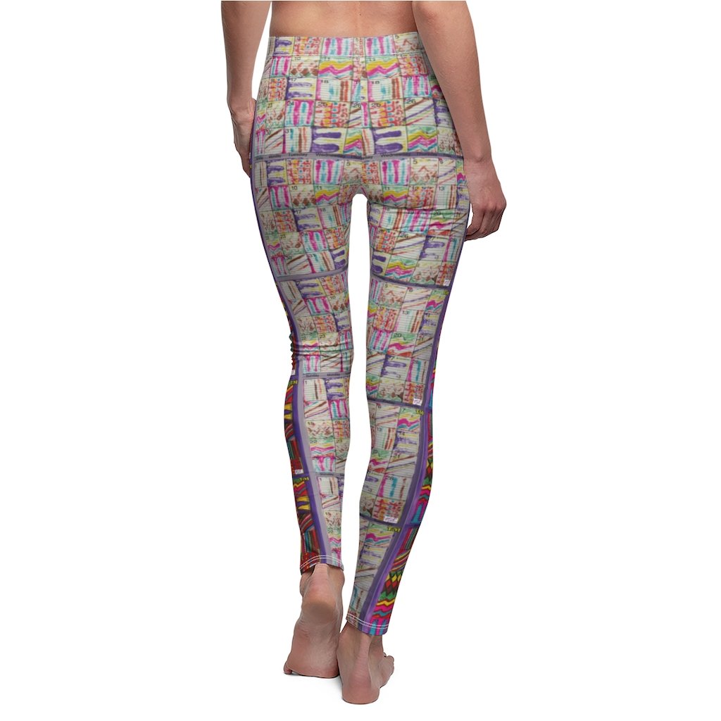 Women's Cut & Sew Casual Leggings: Psychedelic Calendar(tm) - Front Dark Colors - Back Pastels - MiE Designs Shop. Side by side , the dark-colored and pastel versions of the calendar contain alternating mazes inside the days, five prints adjoining to create bands that are dark in the front, pastel in the back.