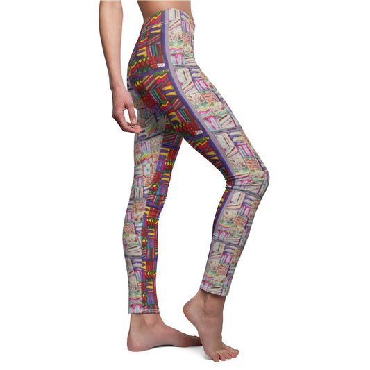 Women's Cut & Sew Casual Leggings: Psychedelic Calendar(tm) - Left Dark Colors - Right Pastels - MiE Designs Shop. Side by side , the dark-colored and pastel versions of the calendar contain alternating mazes inside the days, five prints adjoining to create bands that are dark on the left, pastel on the right with half/half inseams.